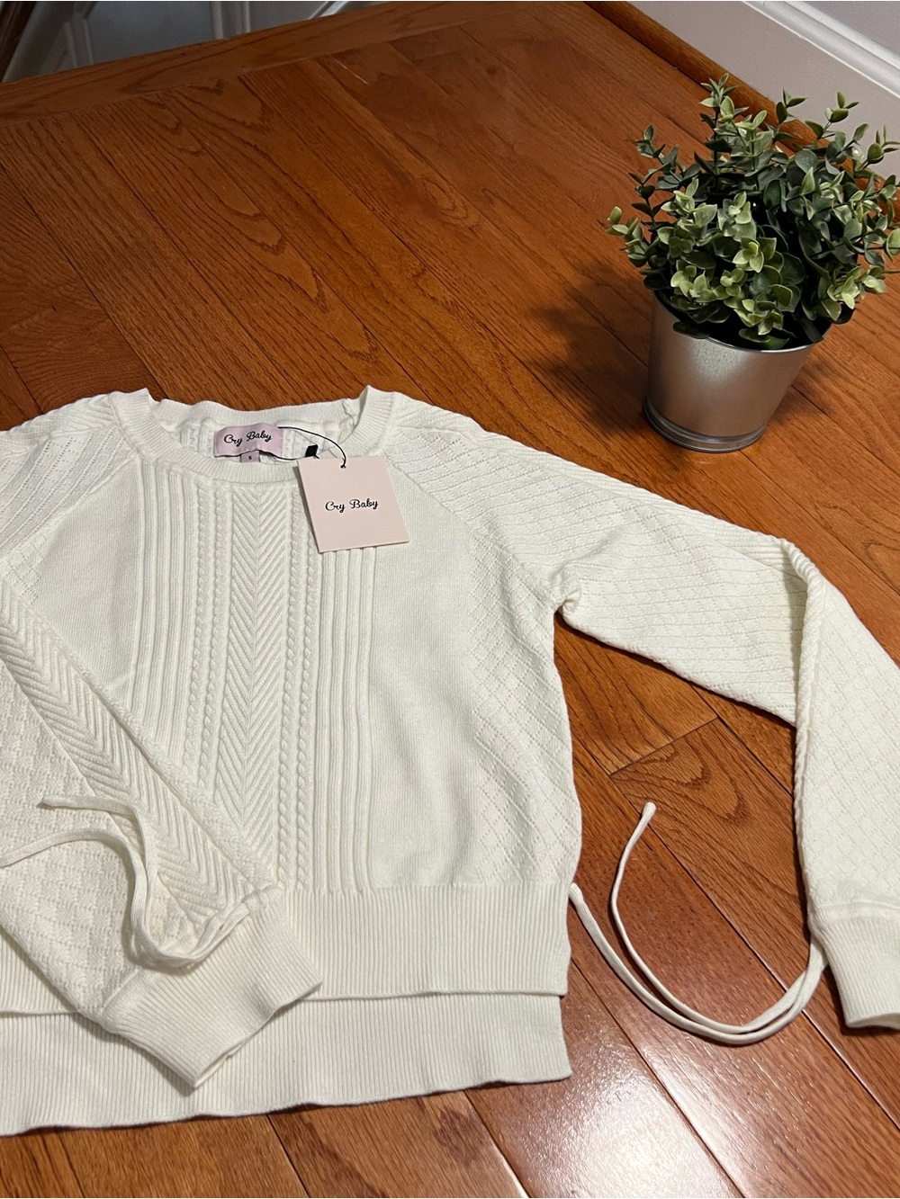 Cry Baby Cream Cable-Textured Crewneck Sweater